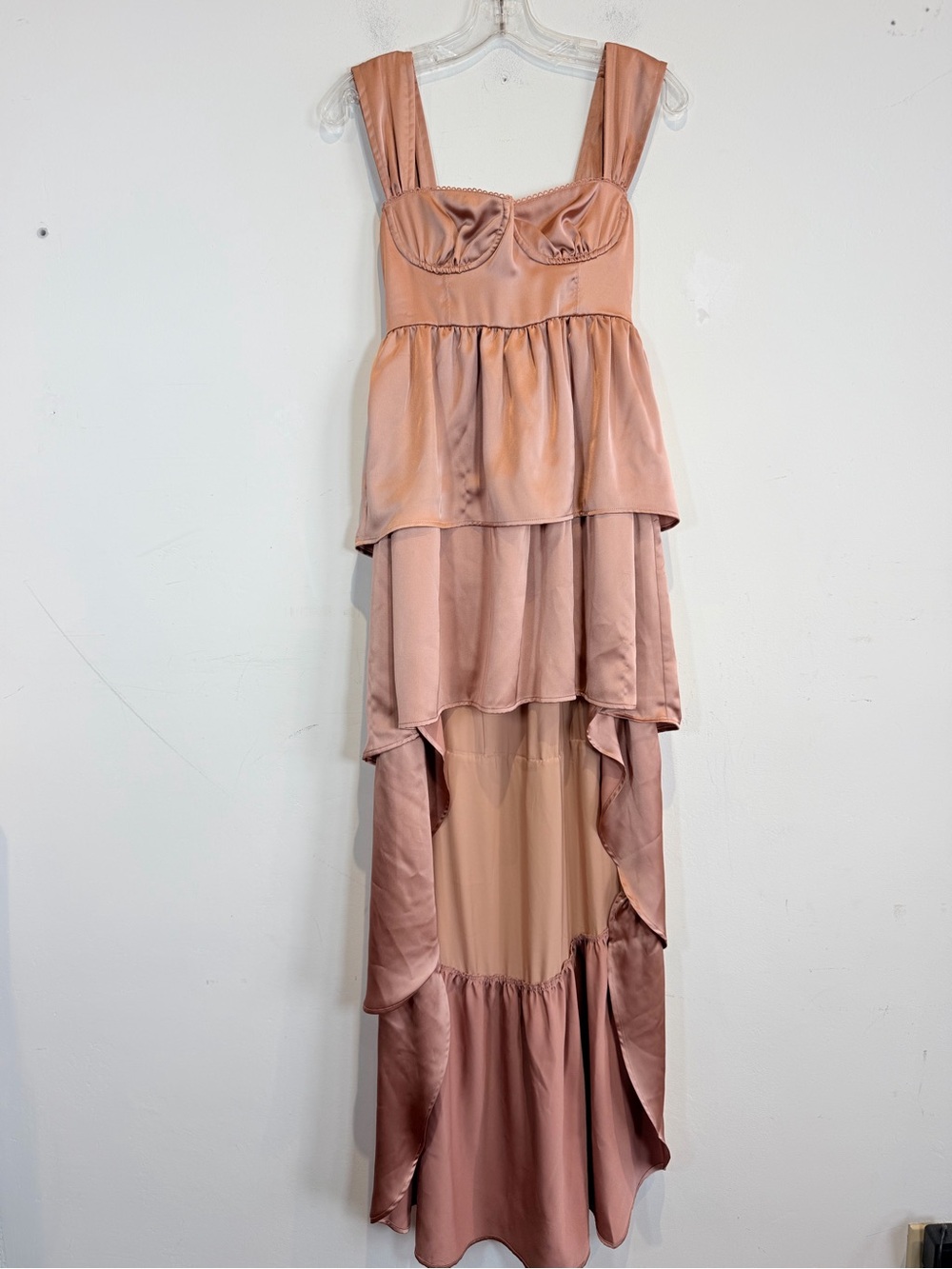 WeWoreWhat Dusty Rose Satin High-Low Tiered Maxi Dress, Size 2